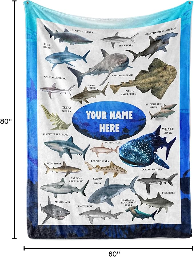 Personalized Shark Blanket for Kids - Ships Next Day and Made in USA - Soft Fleece Throw Bed, Cute Room Decor, Plush Sofa Couch Cover, Lightweight Baby Shark Toys, Custom Gift (Sherpa 60x80)