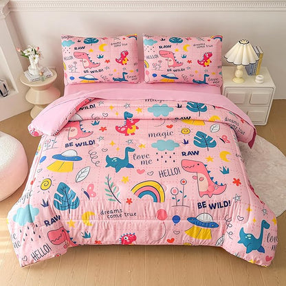 MWMWMW 5 Pcs Pink Dinosaur Bedding Twin for Girls Kids, Kawaii Dinosaur Comforter Twin, Girls Comforter Set Twin with 1 Comforter, 1 Flat Sheet, 1 Fitted Sheet and 2 Pillowcases