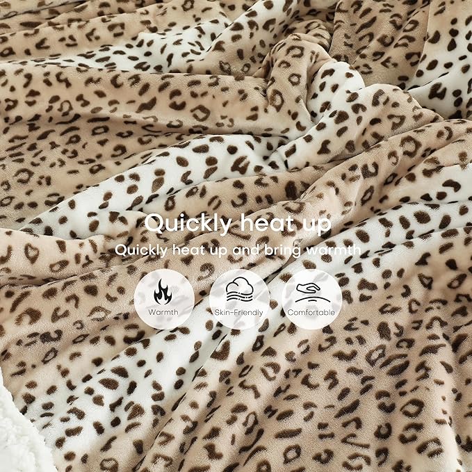 Electric Heated Blanket King Size 90"x100" - Dual-Sided with Flannel, 4 Heat Settings & 10 Hours Auto Off, Machine Washable - Beige Leopard Print
