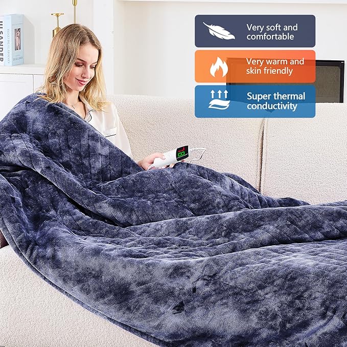 greenoak Heated Electric Blanket Throw, Faux Fur Sherpa Heating Blanket for Sofa Bed, Warm Winter Gifts for Dad/Grandma, Heater Lap Blankets 5-Position Timer &10 Heating Levels 84'*90" Cobalt