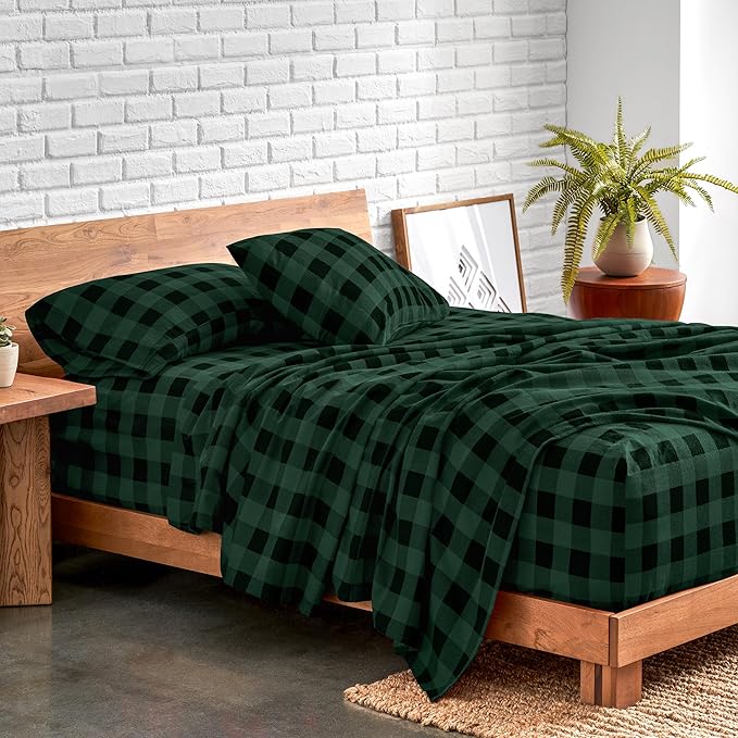Bare Home Flannel Sheet Set Prints, 100% Cotton, Velvety Soft Heavyweight - Double Brushed Flannel - Deep Pocket (Twin, Buffalo Plaid - Forest Green/Black)