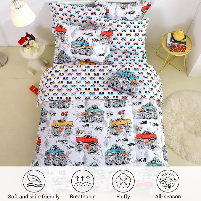 Mooreeke Twin Size Comforter Sets for Boys Kids, 6 Pieces Bed in a Bag Monster Truck Bedding Comforter Sheet Set with Shams and Decorative Toy Pillow, Ultral Soft Microfiber Kids Bed Set