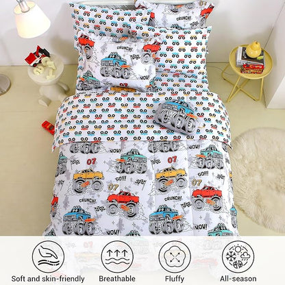 Mooreeke Twin Size Comforter Sets for Boys Kids, 6 Pieces Bed in a Bag Monster Truck Bedding Comforter Sheet Set with Shams and Decorative Toy Pillow, Ultral Soft Microfiber Kids Bed Set