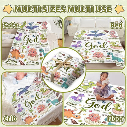Bible Verse Blanket, Christian Gifts, God Says I am Print Dinosaur Blankets for Boys, Meaningful Thoughtful Religious Baptism Gift for Son,Dinosaur Lovers Room Bed Decoration, 30"x40"
