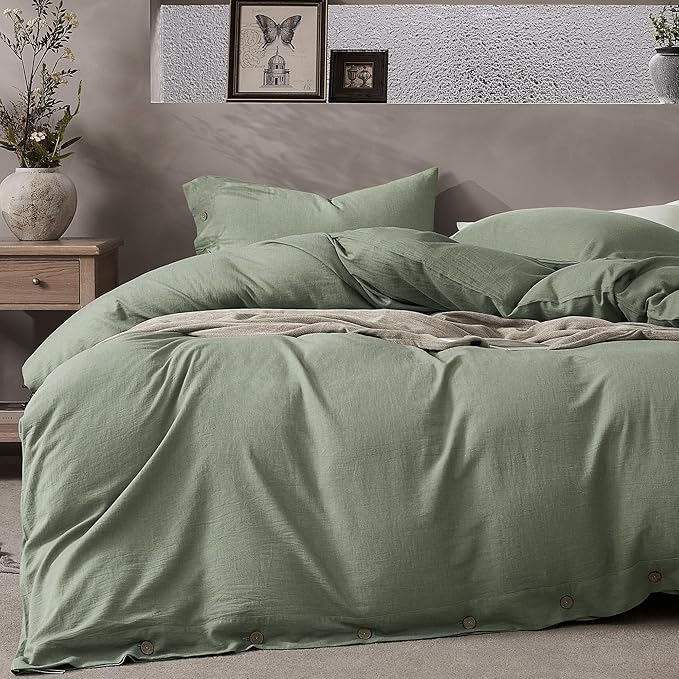 JELLYMONI Cotton Duvet Cover Full Size - Sage Green Comforter Cover with Button 100% Washed Cotton 3PCS Breathable Soft Solid Bedding Set Duvet Cover 80×90in & 2 Pillowcases (NO Comforter)