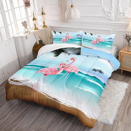 HOSIMA Ocean Beach Comforter Set,Fashion Flamingo Bedding Summer Seaside Nature Scenery Vacation Style Room Decor,Tropical Plants Palm Leaves Queen Comforter Set for Boys Women Girls Teens.