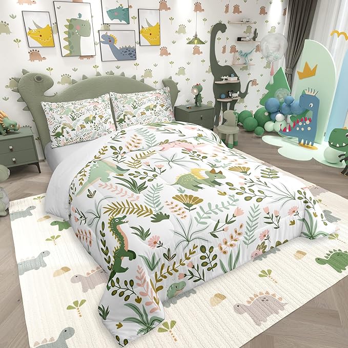 Castle Fairy Cute Dino Kids Comforter Set Queen Size,Kawaii Pink Green Dinosaur Bedding Set for Women Adult,Cartoon Wildlife Floral Leaves Plant Luxury Bed Duvet Insert, 2 Pillowcases
