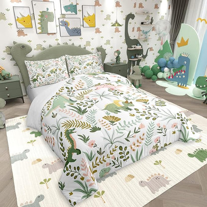 Castle Fairy Cute Dino Kids Comforter Set Queen Size,Kawaii Pink Green Dinosaur Bedding Set for Women Adult,Cartoon Wildlife Floral Leaves Plant Luxury Bed Duvet Insert, 2 Pillowcases
