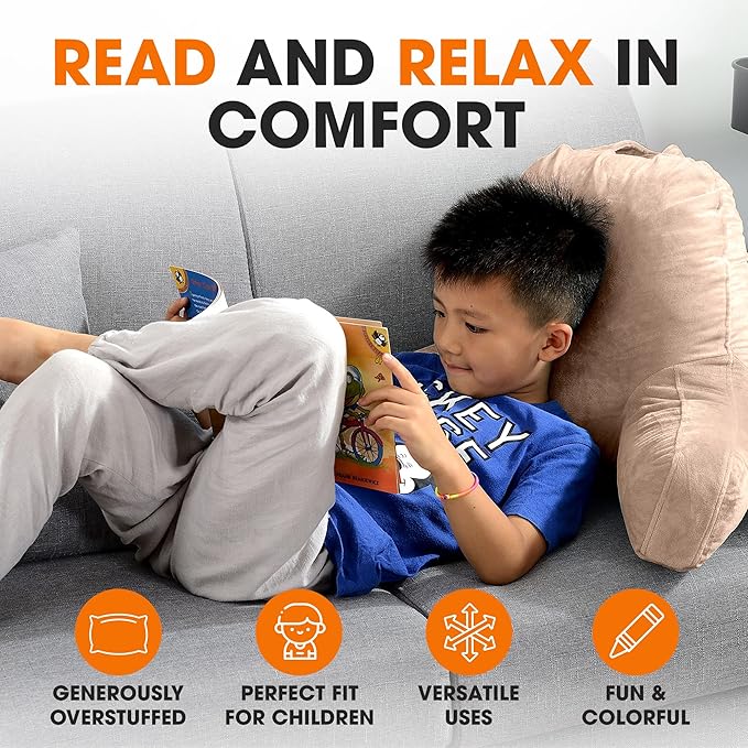Cheer Collection Reading Pillow with Arms – Portable Bed Pillow for Sitting Up & Support, Hollow Fiber-Filled Back Rest Pillow for Sitting in Bed & Couch, Machine Washable, Taupe (Small)