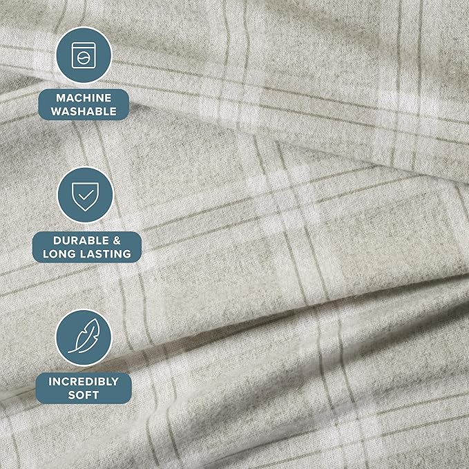 Bare Home Cotton Flannel Sheet Set Prints, 100% Cotton, Velvety Soft Heavyweight - Double Brushed for Softness & Comfort - Deep Pocket - Bed Sheet (Queen, Checkered Plaid - Light Grey)