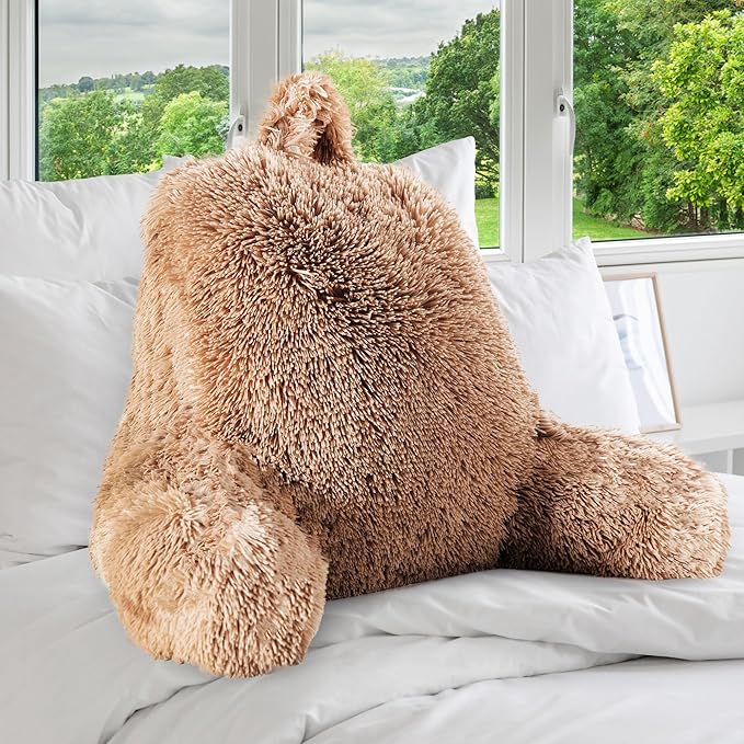 Cheer Collection Fluffy Reading Pillow Chair - Shaggy Hair Chair Pillow with Arms for Bed & Couch, Taupe