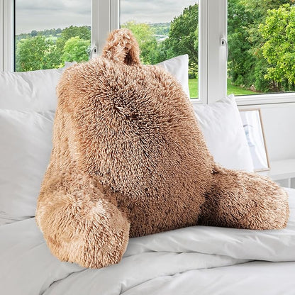 Cheer Collection Fluffy Reading Pillow Chair - Shaggy Hair Chair Pillow with Arms for Bed & Couch, Taupe