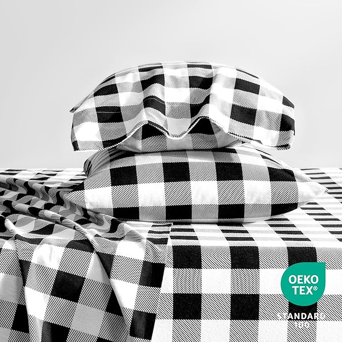 Bare Home Flannel Sheet Set Prints, 100% Cotton, Velvety Soft Heavyweight - Double Brushed Flannel for Extra Softness & Comfort - Deep Pocket - Bed Sheets (Full, Buffalo Plaid - White/Black)