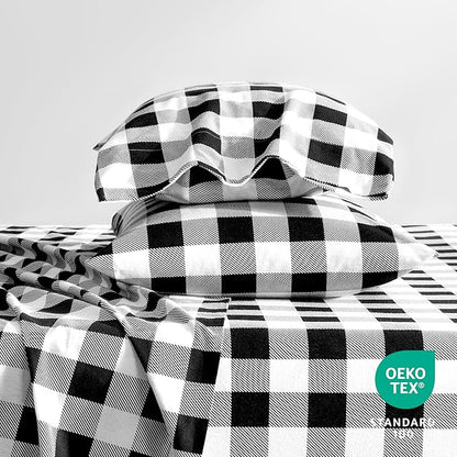 Bare Home Flannel Sheet Set Prints, 100% Cotton, Velvety Soft Heavyweight - Double Brushed Flannel for Extra Softness & Comfort - Deep Pocket - Bed Sheets (King, Buffalo Plaid - White/Black)