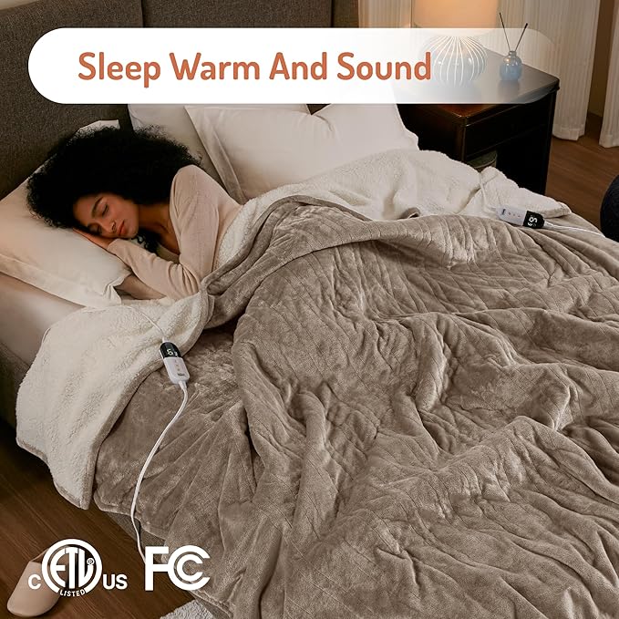 Degrees of Comfort Electric Heated Blanket Queen Size with Dual Control - Soft Flannel Heating Blankets with 6 Heat Settings, Auto Shut-Off, Overheat Protection, ETL Certified - 84x90'', Mocha