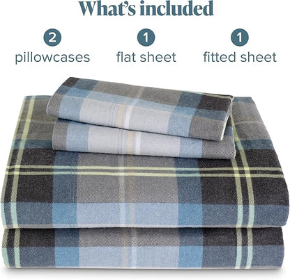Bare Home Cotton Flannel Sheet Set Prints, 100% Cotton, Velvety Soft Heavyweight - Double Brushed for Softness & Comfort - Deep Pocket - Bed Sheets (Queen, Symphony Plaid - Blue)