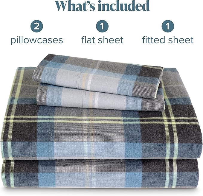 Bare Home Cotton Flannel Sheet Set Prints, 100% Cotton, Velvety Soft Heavyweight - Double Brushed for Softness & Comfort - Deep Pocket - Bed Sheets (Cal King, Symphony Plaid - Blue)