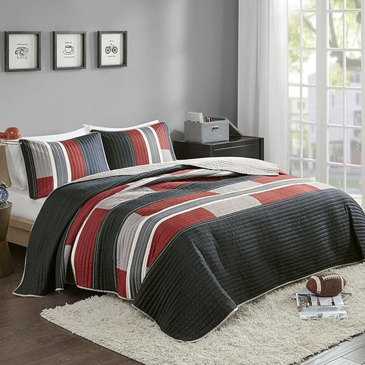 Comfort Spaces Quilt Set Trendy Casual Fun, Vibrant Color Design, Hypoallergenic All Season, Lightweight Coverlet Bedspread Cozy Kids Bedding & Sham Twin/Twin XL Pierre Black/Red Stripe 2 Piece