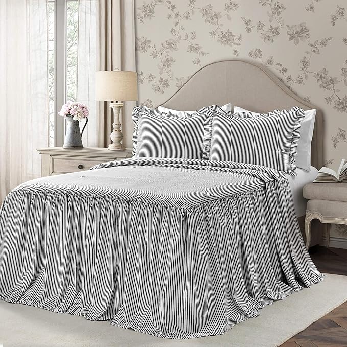 Lush Decor Ticking Stripe Bedspread Black Vintage Chic Farmhouse Style Lightweight 3 Piece Set, Queen