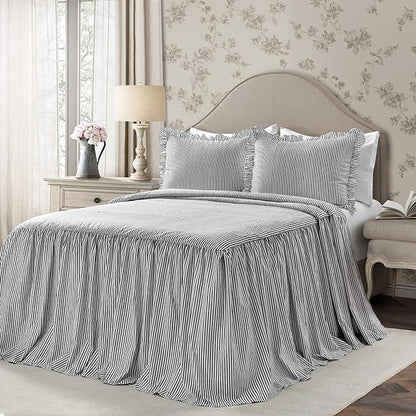 Lush Decor Ticking Stripe Bedspread King Size 3 Piece Set Black - Ruffle Bedding Set King Bedspreads - Striped Bedding - Farmhouse & Coquette Decor
