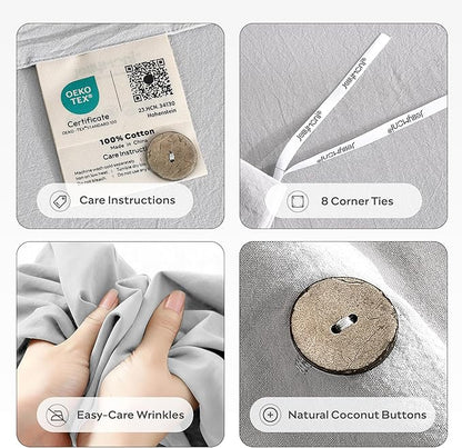 JELLYMONI 100% Washed Cotton Duvet Cover Queen – Soft, Breathable Linen-Look Bedding with Natural Wrinkle Texture, Button Closure, 3-Piece Set (Pale Grey, 90"x90")