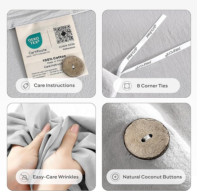JELLYMONI 100% Washed Cotton Duvet Cover Full – Soft, Breathable Linen-Look Bedding with Natural Wrinkle Texture, Button Closure, 3-Piece Set (Pale Grey, 80"x90")