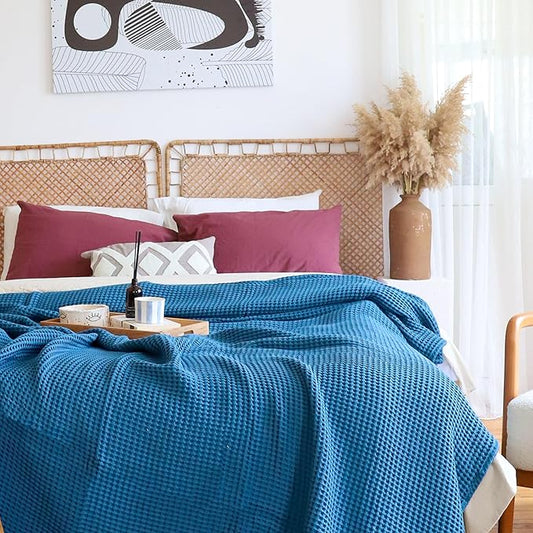 100% Turkish Cotton Waffle Blanket King Size Blue - Premium Quality, Light and Airy Waffle Weave All-Season Quilt - Lux Decorative Bedspread (Indigo Blue, King Size 95" x 110" Inch)