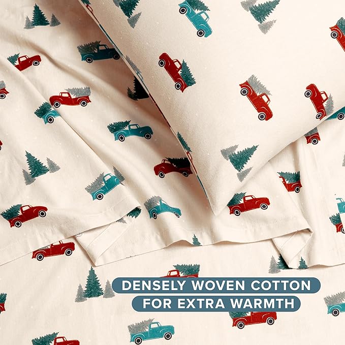 Bare Home Flannel Sheet Set Prints, 100% Cotton, Velvety Soft Heavyweight - Christmas Sheets - Double Brushed Flannel for Extra Softness & Comfort - Deep Pocket - Holiday Sheets (King, Vintage Truck)