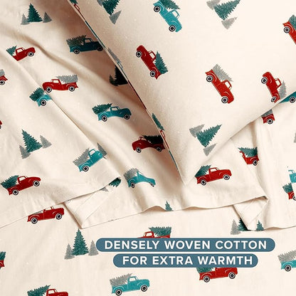 Bare Home Flannel Sheet Set Prints, 100% Cotton, Velvety Soft Heavyweight - Christmas Sheets - Double Brushed Flannel for Extra Softness & Comfort - Deep Pocket - Holiday Sheets (King, Vintage Truck)