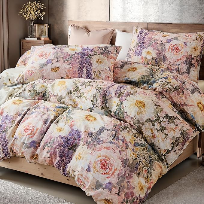 100% Cotton Duvet Cover King Size – Romantic Garden Impressionist Floral Duvet Cover Set with Zipper Closure, 3-Piece Luxury & Soft Bedding Set for All Seasons