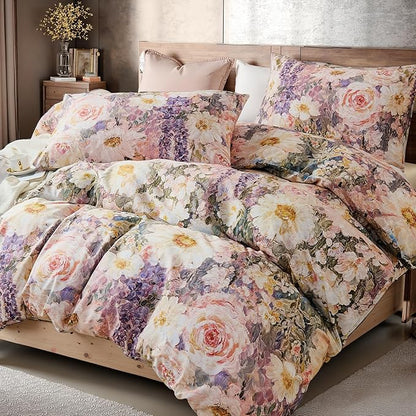 100% Cotton Duvet Cover Queen Size – Romantic Garden Impressionist Floral Duvet Cover Set with Zipper Closure, 3-Piece Luxury & Soft Bedding Set for All Seasons