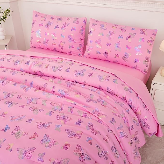 MWMWMW 5 PCS Pink Butterfly Comforter Set Queen, Girls Butterfly Bedding Set Queen, Girls Pink Comforter Sets with 1 Comforter, 1 Flat Sheet, 1 Fitted Sheet & 2 Pillowcases