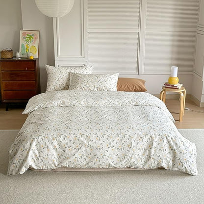 AOJIM Aesthetic Floral Printed Duvet Cover Set for Room Decor, Pure Cotton Comforter Cover Set 3pcs for Kids Adults, 1 Soft Cozy Quilt Cover Queen Size and 2 Matching Pillowcases, No Quilt or Pillow
