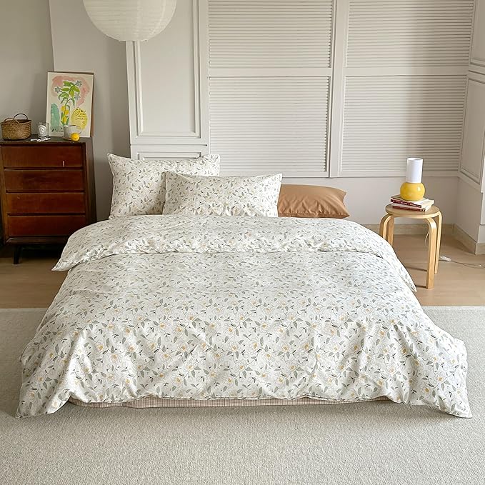 AOJIM Exquisite Floral Print Duvet Cover Set for Kids Adults, Soft Pure Cotton Comforter Cover Set 3pcs, 1 Comfy Breathable Quilt Cover Twin Size and 2 Matching Pillowcases for Room Decor, No Quilt