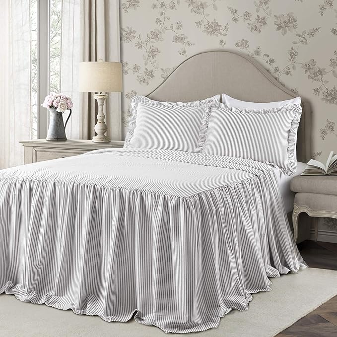 Lush Decor Ticking Stripe Bedspread King Size 3 Piece Set Gray - Ruffle Bedding Set King Bedspreads - Striped Bedding - Farmhouse & Coquette Decor