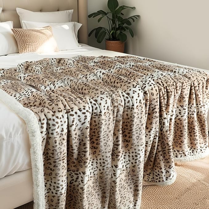 Electric Heated Blanket Throw Size 50"x60" - Microplush & Sherpa Fabric Dual-Sided, 6 Heat Settings & 3 Hours Auto Off, Cozy Warming Throw for Office or Bed, Machine Washable, Beige Leopard Print