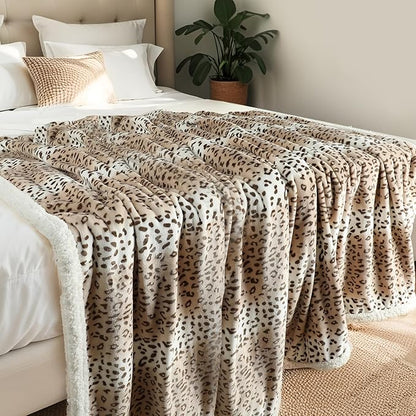 Electric Heated Blanket Throw Size 50"x60" - Microplush & Sherpa Fabric Dual-Sided, 6 Heat Settings & 3 Hours Auto Off, Cozy Warming Throw for Office or Bed, Machine Washable, Beige Leopard Print