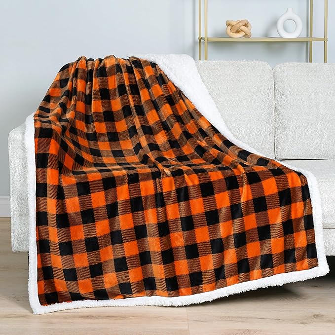 PAVILIA Black Orange Buffalo Plaid Sherpa Throw Blanket for Couch Twin, Soft Fuzzy Flannel Blanket for Bed, Plush Halloween Checkered Fleece Blanket and Throws, Warm Thick Winter Blanket Gift, 60x80