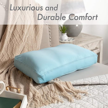 PILLOWY Premium Microbead Bed Pillow, Large Extra Fluffy But Supportive - Ultra Comfortable Sleep with Silk Like Anti Aging Cover 85% Spandex/ 15% Nylon Breathable, Cooling Sweet Baby Blue