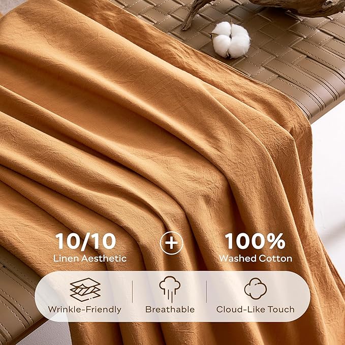 JELLYMONI 100% Washed Cotton Duvet Cover King – Soft, Breathable Linen-Look Bedding with Natural Wrinkle Texture, Button Closure, 3-Piece Set (Amber Orange, 104"x90")