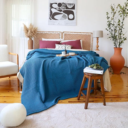 Premium Waffle Blanket Twin Size Blue - Luxury, Pure 100% Turkish Cotton, Light and Airy Waffle Weave All-Season Quilt - Luxury Decorative Bedspread (Indigo Blue, Twin 63" x 91" Inch)