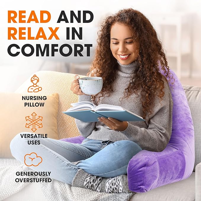 Cheer Collection Reading Pillow with Arms – Portable Bed Pillow for Sitting Up & Support, Foam-Filled Back Rest Pillow for Sitting in Bed & Couch, Machine Washable Purple (Large)