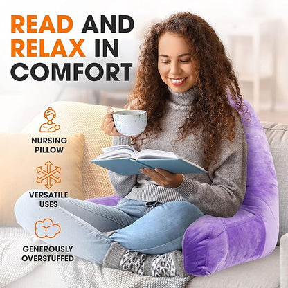 Cheer Collection Reading Pillow with Arms – Portable Bed Pillow for Sitting Up & Support, Foam-Filled Back Rest Pillow for Sitting in Bed & Couch, Machine Washable Purple (Large)