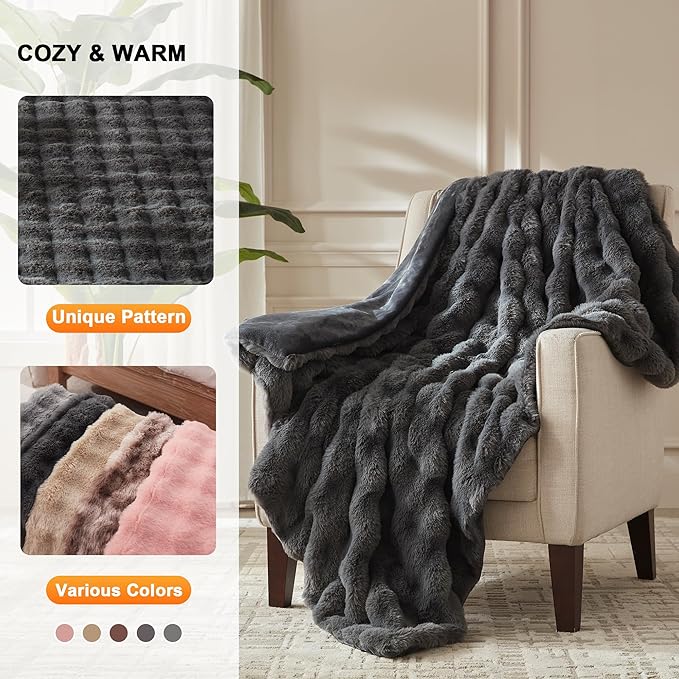 Heated Blanket Twin Size- Plush Thick Bubble Faux Fur Heated Blanket, Fast Heating Electric Blanket 6 Heating Levels & 10 Hours Auto-Off, Machine Washable, 62"x84", Dark Grey