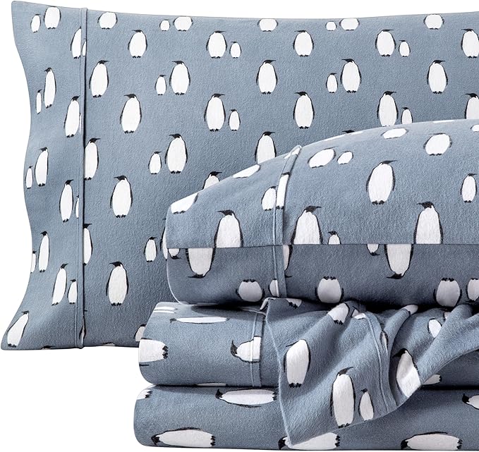Bare Home Flannel Sheet Set Prints, 100% Cotton, Velvety Soft Heavyweight - Christmas Sheets - Double Brushed Flannel for Extra Softness & Comfort - Deep Pocket - Holiday Sheets (Twin XL, Penguin)