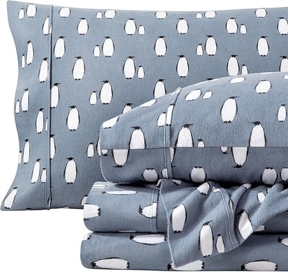 Bare Home Flannel Sheet Set Prints, 100% Cotton, Velvety Soft Heavyweight - Christmas Sheets - Double Brushed Flannel for Extra Softness & Comfort - Deep Pocket - Holiday Sheets (Twin XL, Penguin)