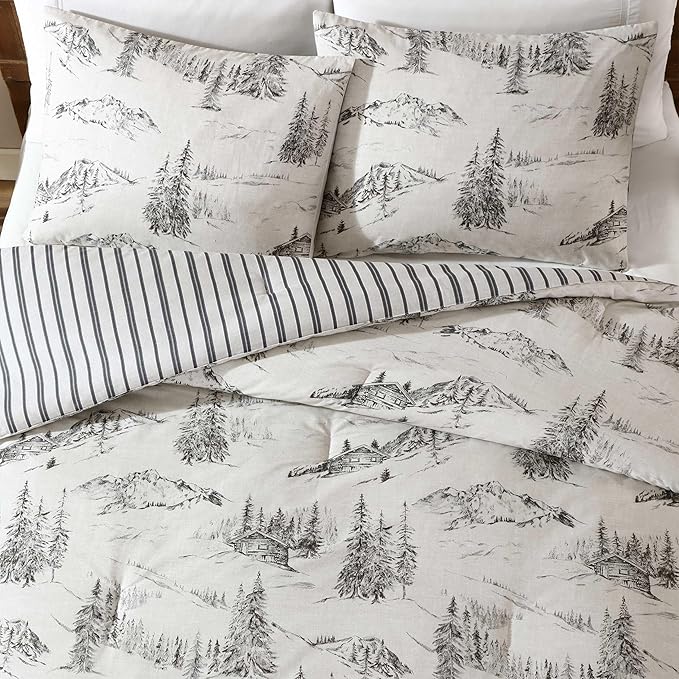 Eddie Bauer - Twin Comforter Set, Reversible Bedding with Matching Sham, Oeko-Tex Certified, Dorm Essentials (Rocky Mountain Cabin Grey)