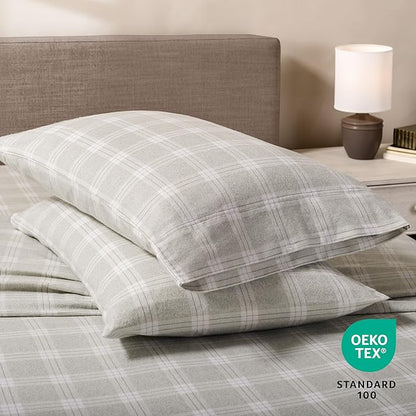 Bare Home Cotton Flannel Sheet Set Prints, 100% Cotton, Velvety Soft Heavyweight - Double Brushed for Softness & Comfort - Deep Pocket - Bed Sheet (Twin, Checkered Plaid - Light Grey)