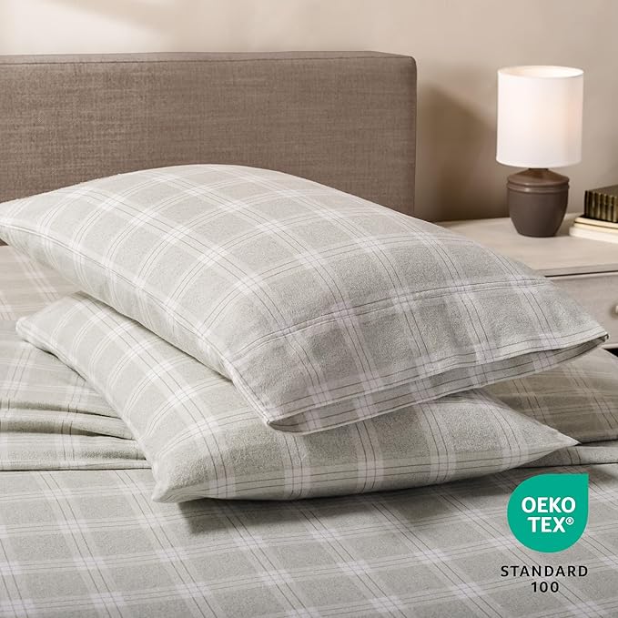 Bare Home Cotton Flannel Sheet Set Prints, 100% Cotton, Velvety Soft Heavyweight - Double Brushed for Softness & Comfort - Deep Pocket - Bed Sheet (Split King, Checkered Plaid - Light Grey)