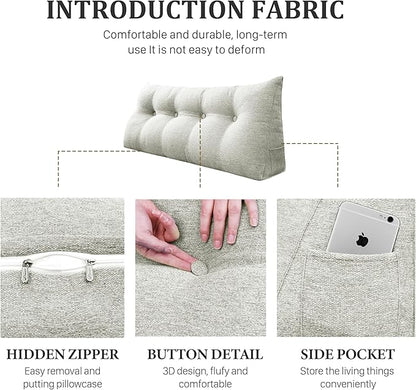 14 lbs Thickened King Headboard Pillow Wedge Pillow Headboard Reading Pillow Bed for Backrest Reading Triangular Pillow with Side Pocket for Sitting in Bed Cotton Linen White